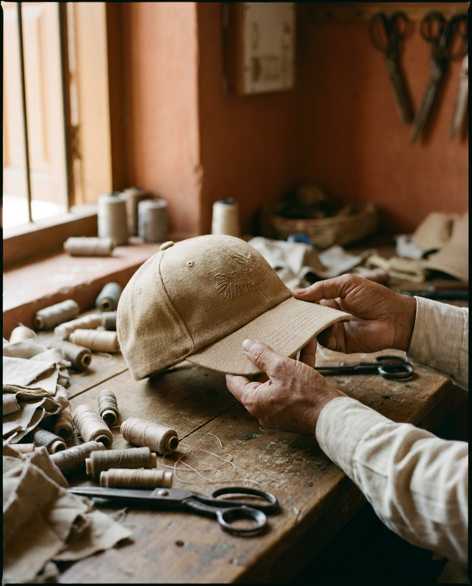 Hands inspecting a sand coloured cap on a workbench
